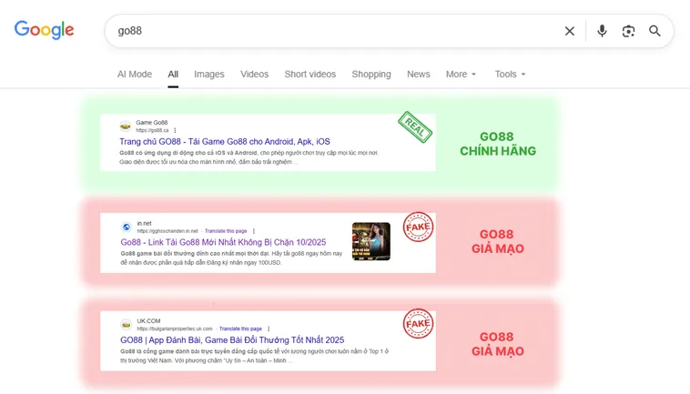 Mọi đường dẫn từ link thật Go88.com đều được kiểm chứng từ nguồn chính thức, còn link giả Go88.com không trùng khớp và dễ nhận biết.